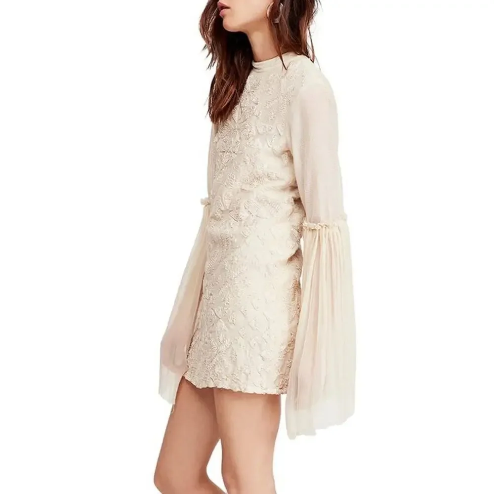 Free People Cleo Embroidered Mini Dress Bell Sleeves Open Back Size 0 NEW